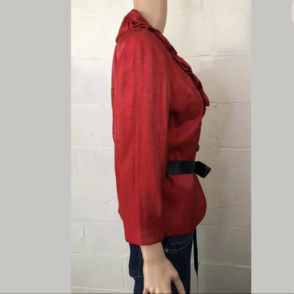 Lilianna Ruffled Neck Jacket Red Belted 3/4 Sleeve - Picture 5 of 9